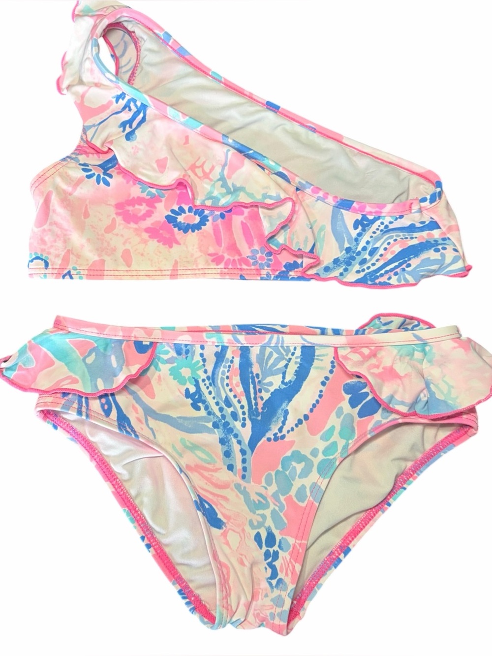 Girls' Size 4 Lilly Pulitzer Pink & Blue Ruffle Two-Piece Assymetrical Swim Suit